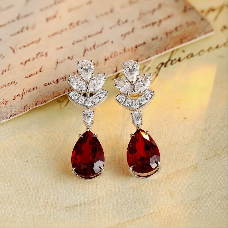 Ruif Jewelry Classic Design PT950  Platinum 8.54ct Lab Ruby  And 1.95ct Lab Diamond Earrings  Gemstone Jewelry