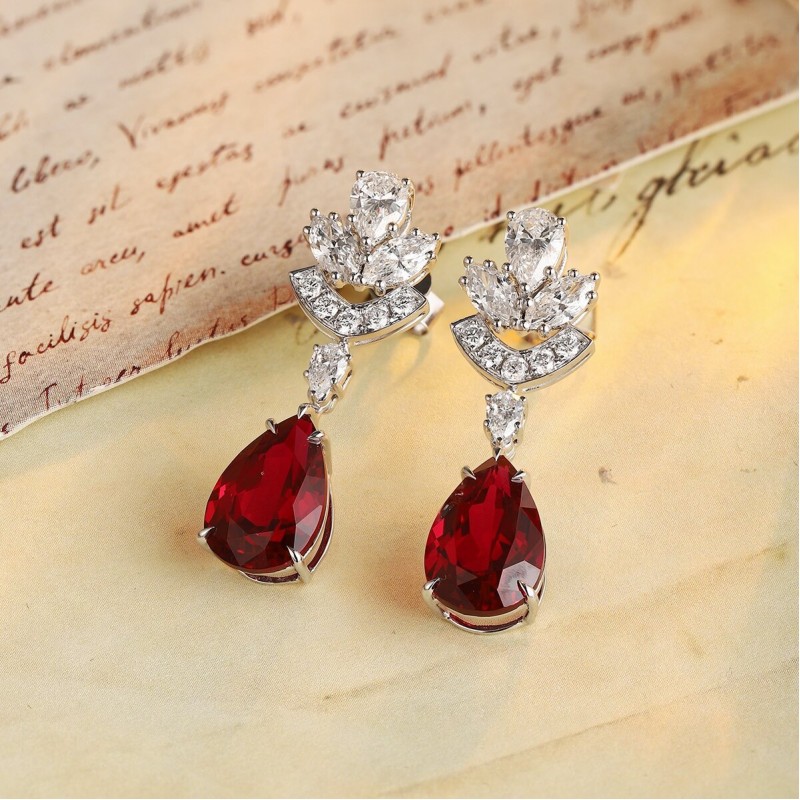 Ruif Jewelry Classic Design PT950  Platinum 8.54ct Lab Ruby  And 1.95ct Lab Diamond Earrings  Gemstone Jewelry