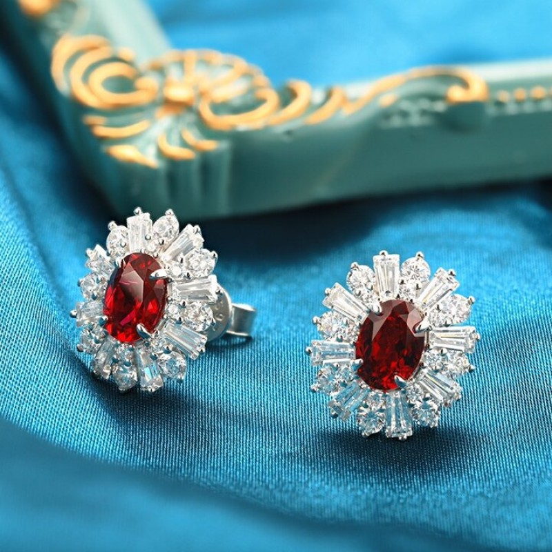 Ruif Jewelry Classic Design PT950  Platinum 3.32ct Lab Ruby  And 3.262ct Lab Diamond Earrings  Gemstone Jewelry