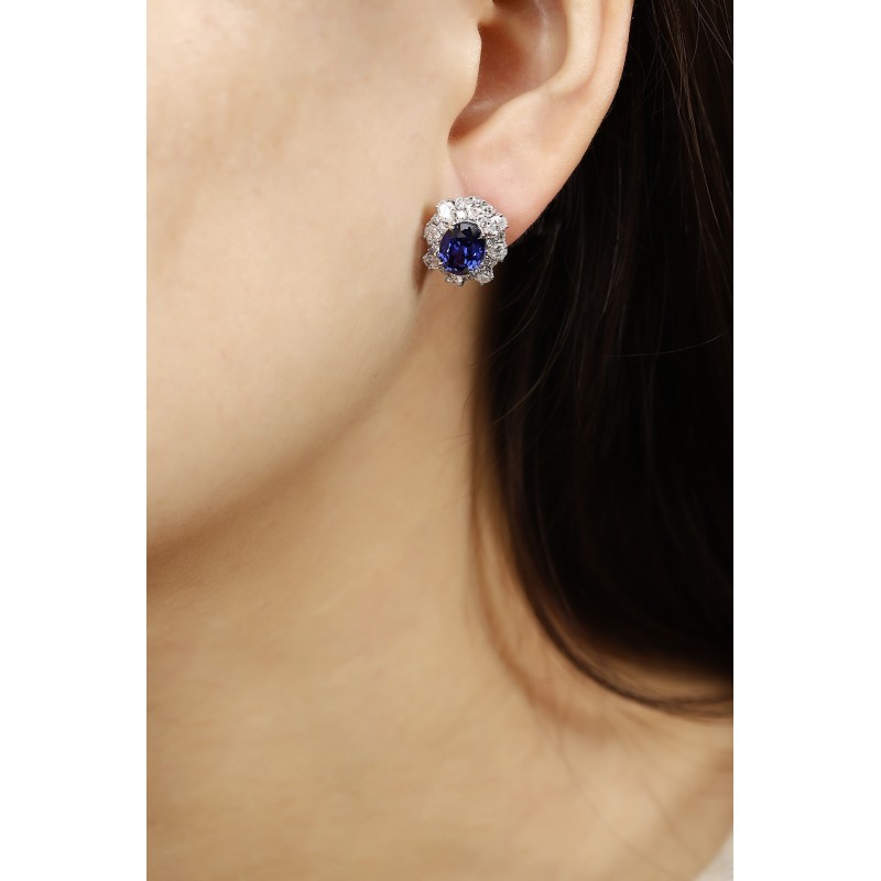 Ruif Jewelry Classic Design PT950  Platinum 5.27ct Lab Sapphire  And 2.227ct Lab Diamond Earrings  Gemstone Jewelry