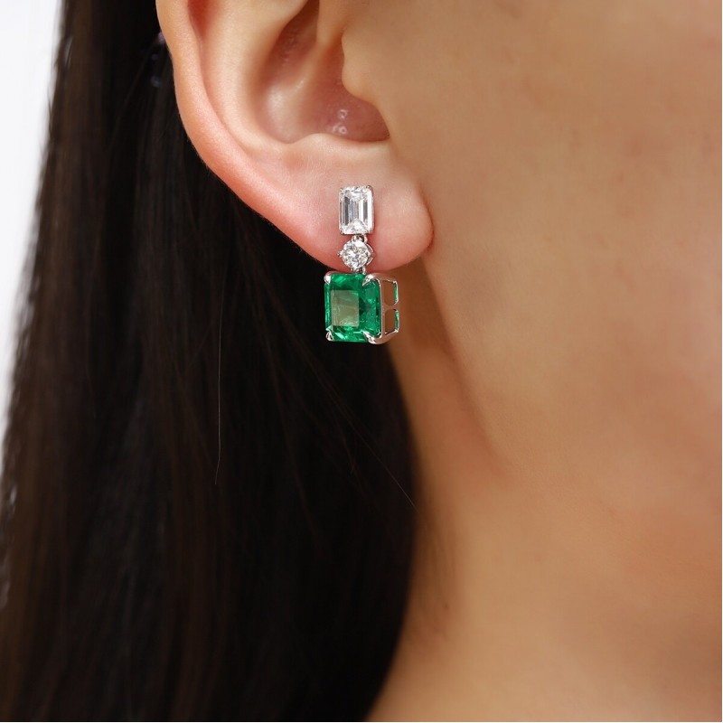 Ruif Jewelry Classic Design PT950 Platinum 8.16ct Lab Grown Emerald and 2.992ct Lab Diamond Earrings Hand Made Gemstone Jewelry