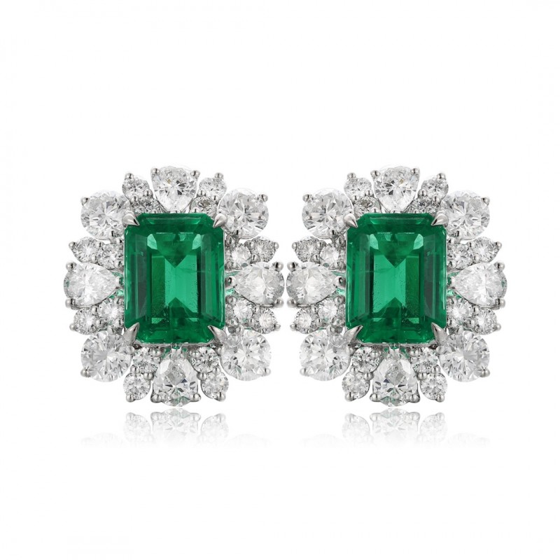 Ruif Jewelry Classic Design PT950 Platinum 4.38ct Lab Grown Emerald and 3.367ct Lab Diamond Earrings Hand Made Gemstone Jewelry