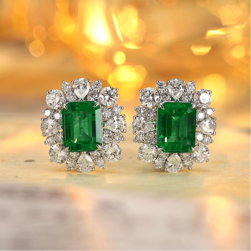 Ruif Jewelry Classic Design PT950 Platinum 4.38ct Lab Grown Emerald and 3.367ct Lab Diamond Earrings Hand Made Gemstone Jewelry