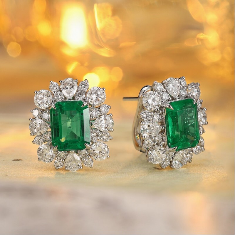 Ruif Jewelry Classic Design PT950 Platinum 4.38ct Lab Grown Emerald and 3.367ct Lab Diamond Earrings Hand Made Gemstone Jewelry