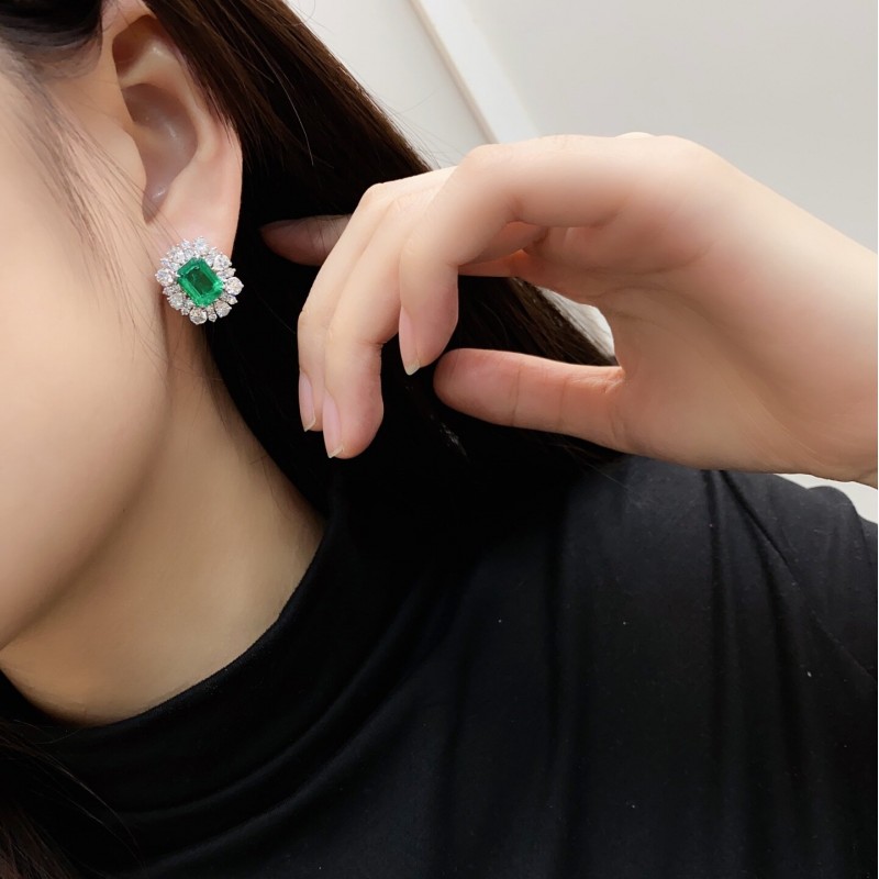 Ruif Jewelry Classic Design PT950 Platinum 4.38ct Lab Grown Emerald and 3.367ct Lab Diamond Earrings Hand Made Gemstone Jewelry