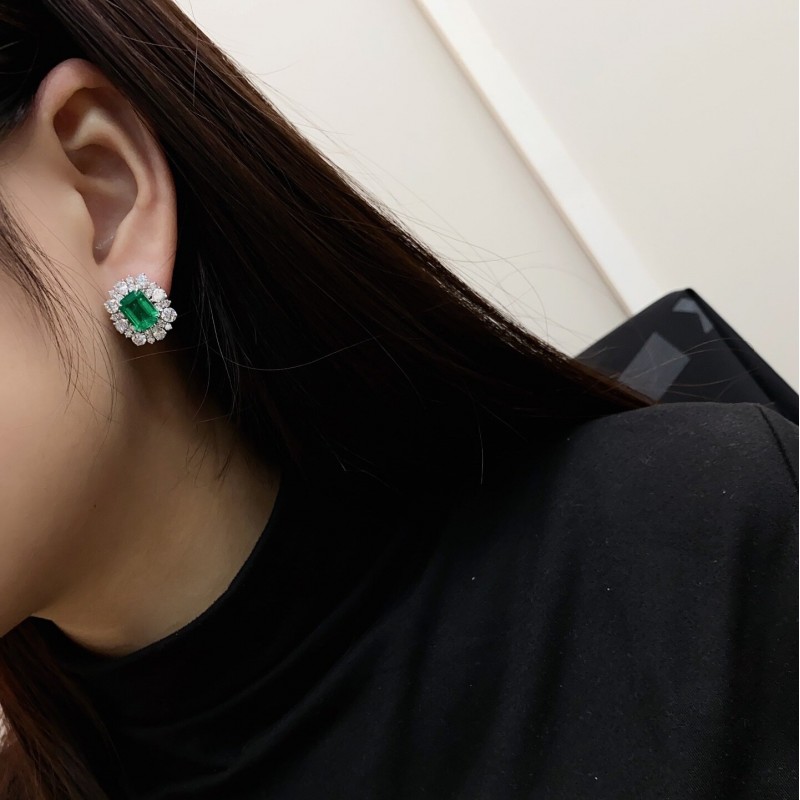 Ruif Jewelry Classic Design PT950 Platinum 4.38ct Lab Grown Emerald and 3.367ct Lab Diamond Earrings Hand Made Gemstone Jewelry