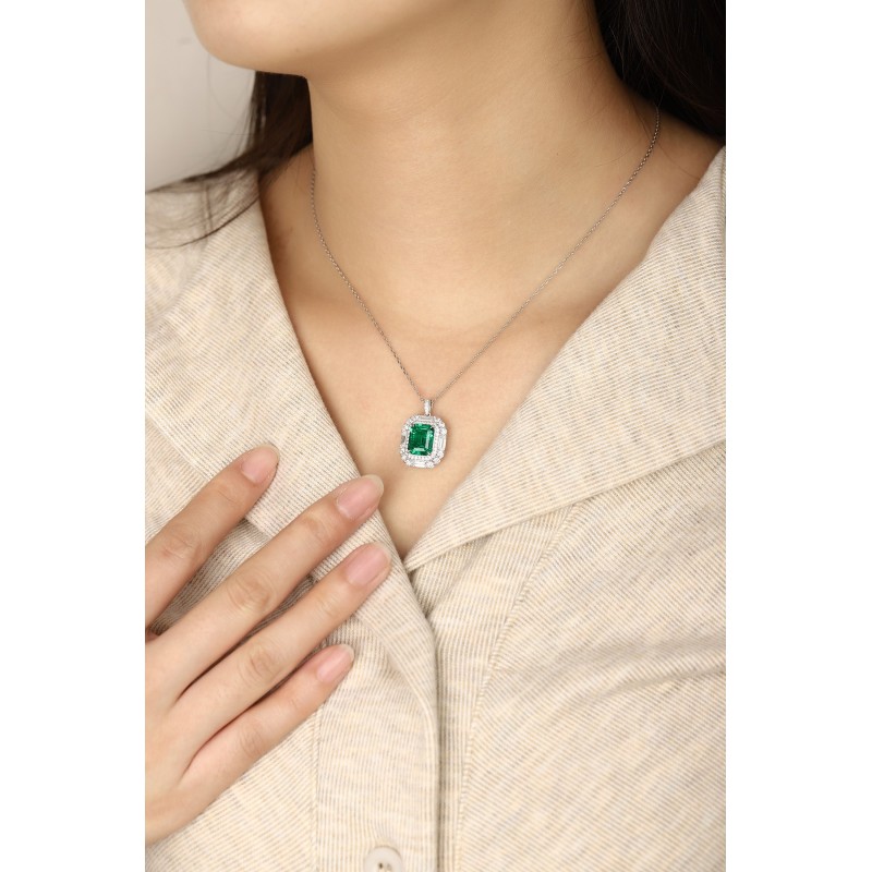 Ruif Jewelry Classic Design PT950 Platinum 3.1ct Lab Grown Emerald And 1.287ct Lab Grown Diamong Pendant Gemstone Jewelry