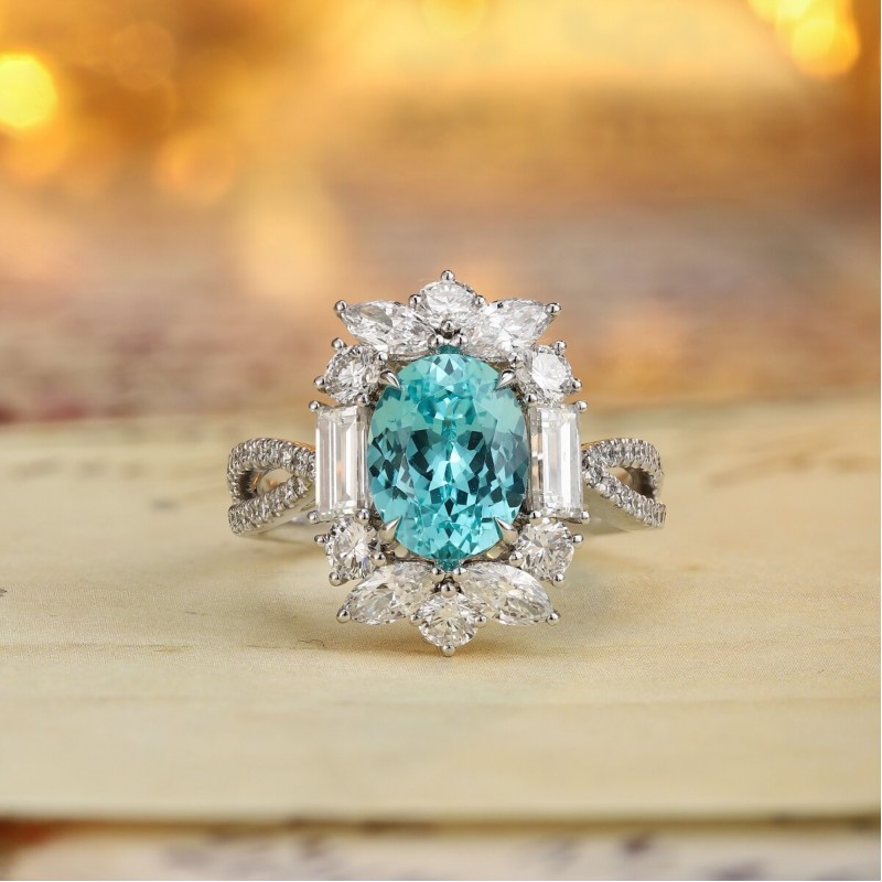 Ruif Jewelry Classic Design PT950  Platinum Ring 4.79ct Lab Grown Paraiba And 1.823ct Lab Grown Diamond Ring Wedding Bands