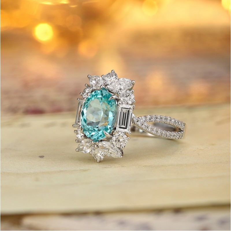 Ruif Jewelry Classic Design PT950  Platinum Ring 4.79ct Lab Grown Paraiba And 1.823ct Lab Grown Diamond Ring Wedding Bands