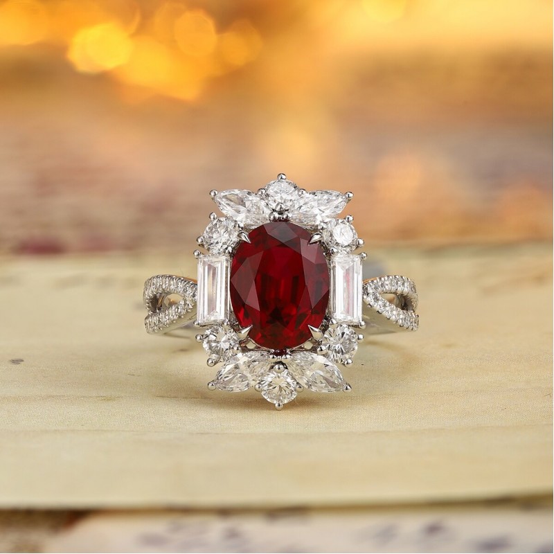 Ruif Jewelry Classic Design PT950 Platinum 3.8ct Lab Grown Ruby And 1.823ct Lab Grown Diamond Ring Wedding Bands