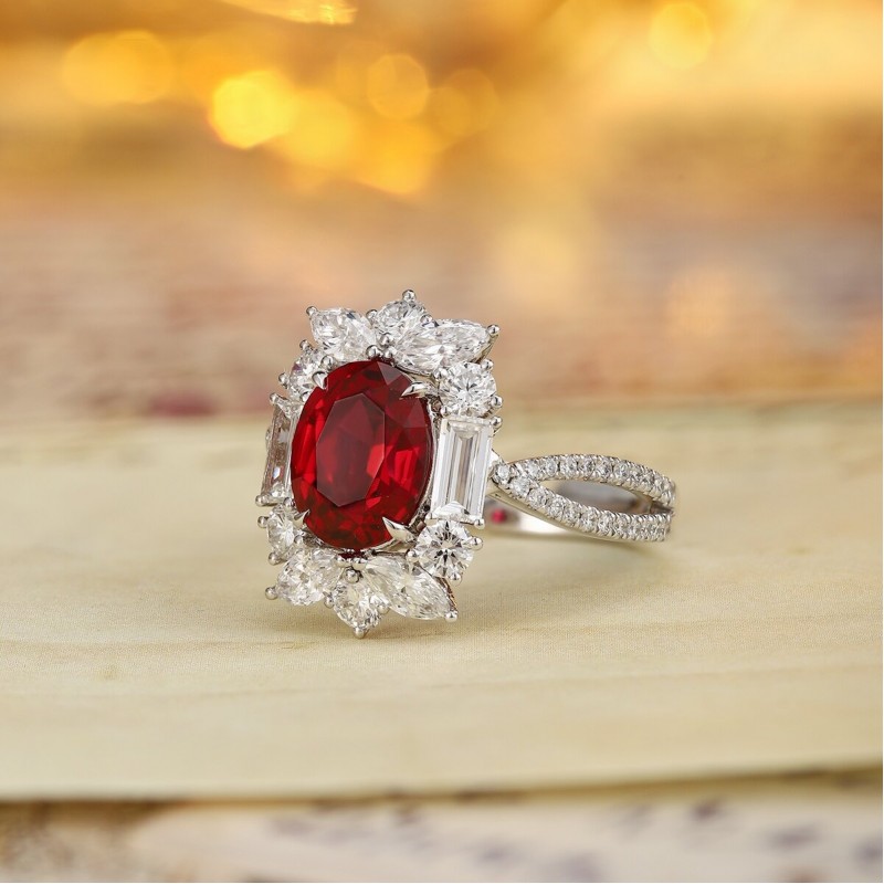 Ruif Jewelry Classic Design PT950 Platinum 3.8ct Lab Grown Ruby And 1.823ct Lab Grown Diamond Ring Wedding Bands
