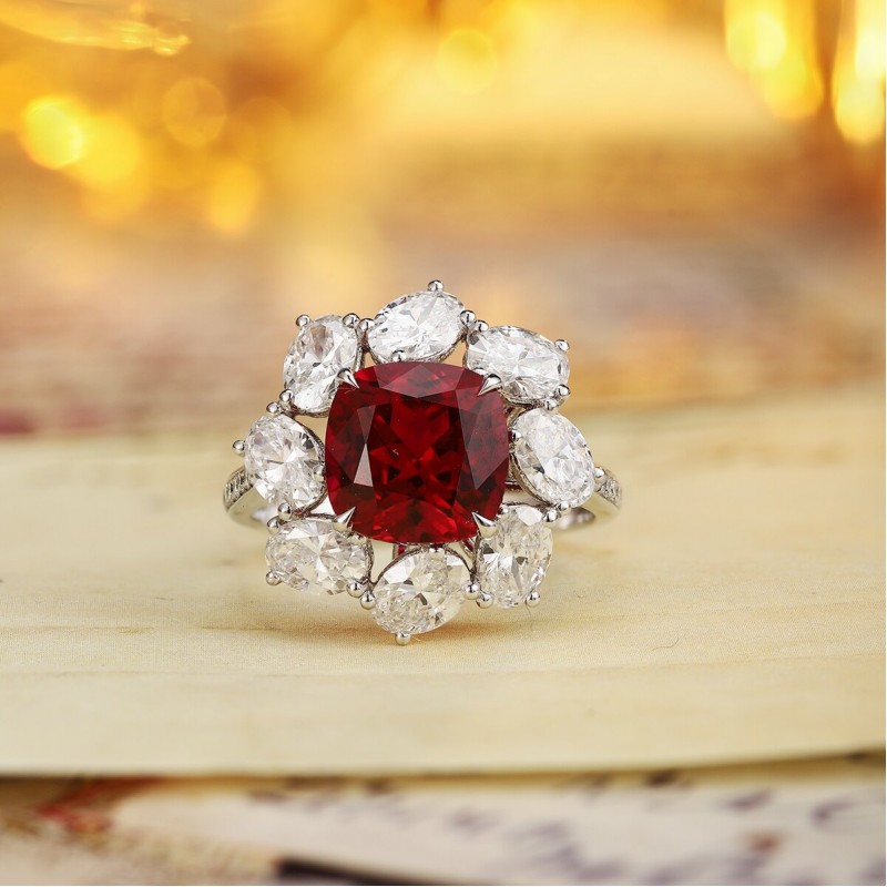 Ruif Jewelry Classic Design PT950 Platinum 4.49ct Lab Grown Ruby And 2.595ct Lab Grown Diamond Ring Wedding Bands