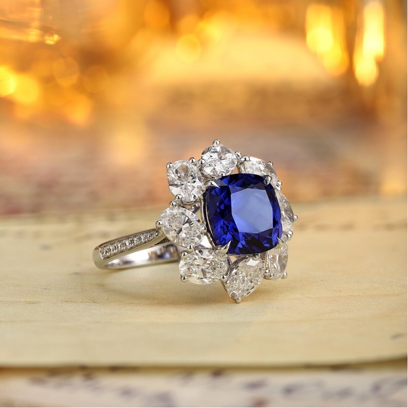 Ruif Jewelry Classic Design PT950 Platinum 4.46ct Lab Grown Sapphire And 2.595ct Lab Grown Diamond Ring Wedding Bands