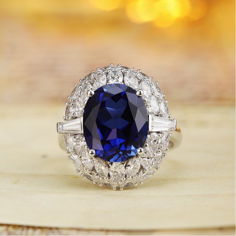 Ruif Jewelry Classic Design PT950 Platinum 6.65ct Lab Grown Sapphire And 1.943ct Lab Grown Diamond Ring Wedding Bands