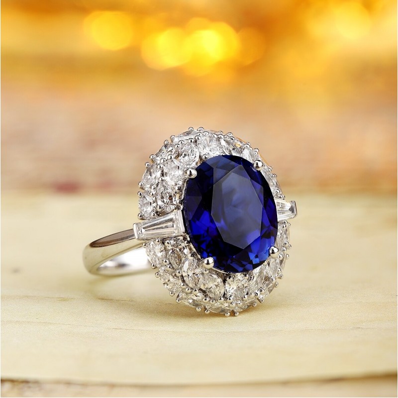 Ruif Jewelry Classic Design PT950 Platinum 6.65ct Lab Grown Sapphire And 1.943ct Lab Grown Diamond Ring Wedding Bands