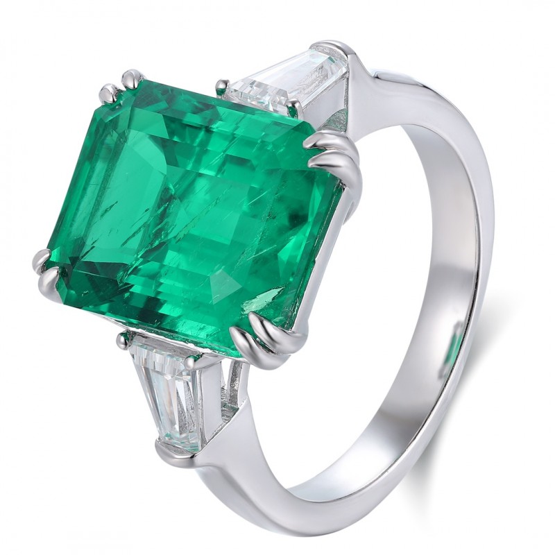 Ruif Jewelry Classic Design PT950 Platinum Ring 5.56ct Lab Grown Emerald and 0.6ct Lab Grown Diamond Ring Gemstone Jewelry