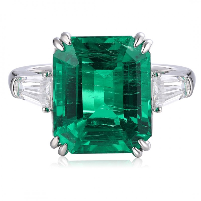 Ruif Jewelry Classic Design PT950 Platinum Ring 5.56ct Lab Grown Emerald and 0.6ct Lab Grown Diamond Ring Gemstone Jewelry