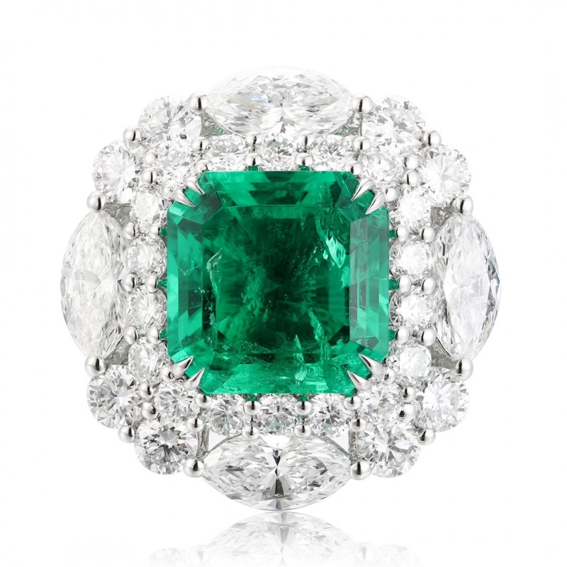 Ruif Jewelry Classic Design PT950 Platinum Ring 3.41ct Lab Grown Emerald and 2.708ct Lab Grown Diamond Ring Gemstone Jewelry
