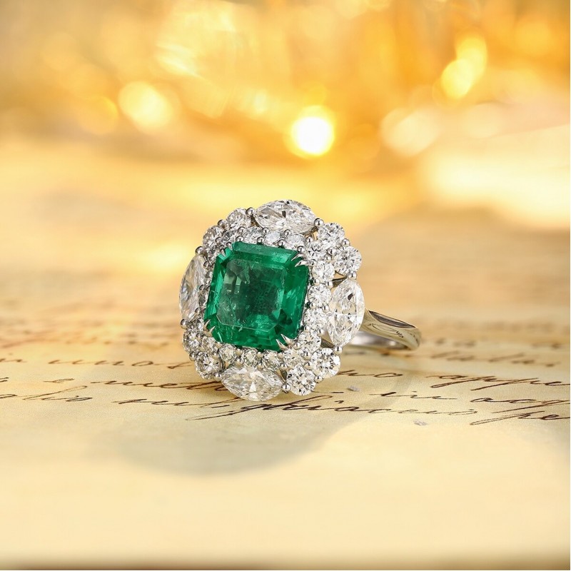 Ruif Jewelry Classic Design PT950 Platinum Ring 3.41ct Lab Grown Emerald and 2.708ct Lab Grown Diamond Ring Gemstone Jewelry