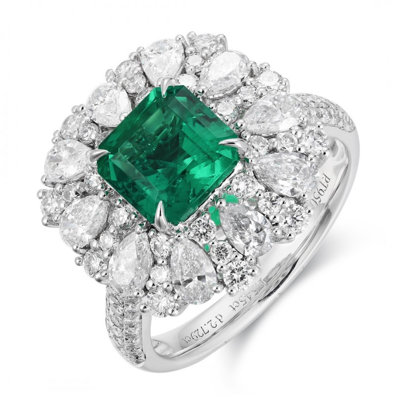 Ruif Jewelry Classic Design PT950 Platinum Ring 1.55ct Lab Grown Emerald and 1.714ct Lab Grown Diamond Ring Gemstone Jewelry