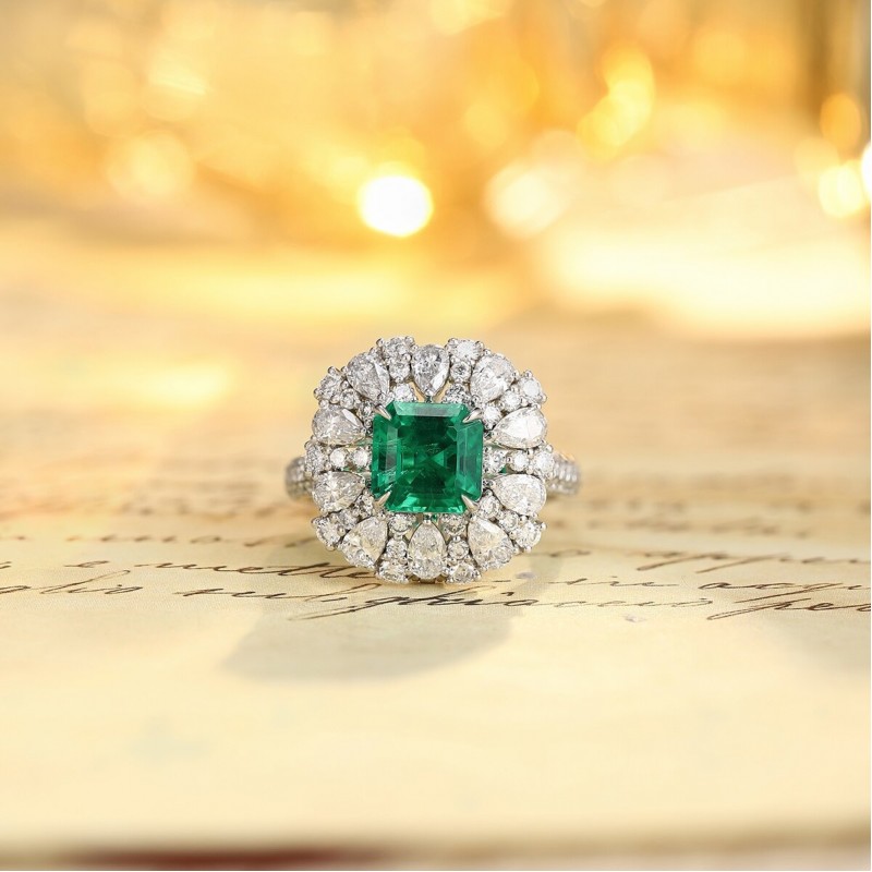 Ruif Jewelry Classic Design PT950 Platinum Ring 1.55ct Lab Grown Emerald and 1.714ct Lab Grown Diamond Ring Gemstone Jewelry