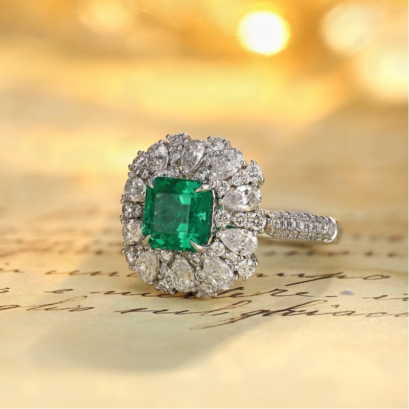 Ruif Jewelry Classic Design PT950 Platinum Ring 1.55ct Lab Grown Emerald and 1.714ct Lab Grown Diamond Ring Gemstone Jewelry