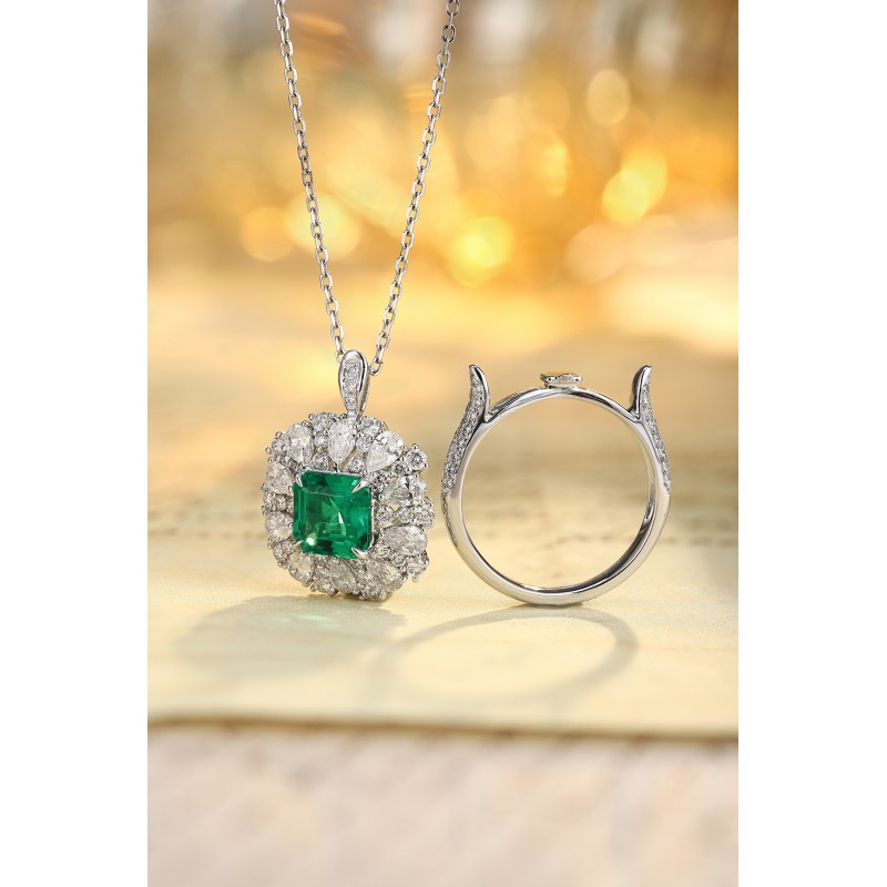 Ruif Jewelry Classic Design PT950 Platinum Ring 1.55ct Lab Grown Emerald and 1.714ct Lab Grown Diamond Ring Gemstone Jewelry