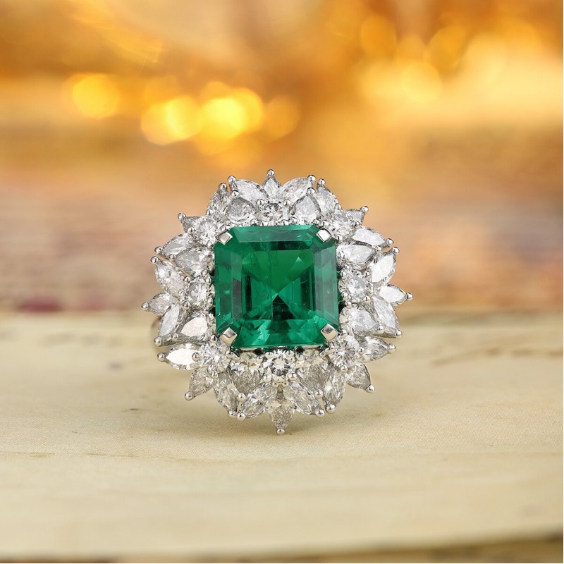 Ruif Jewelry Classic Design PT950 Platinum Ring 3.71ct Lab Grown Emerald and 2.64ct Lab Grown Diamond Ring Gemstone Jewelry