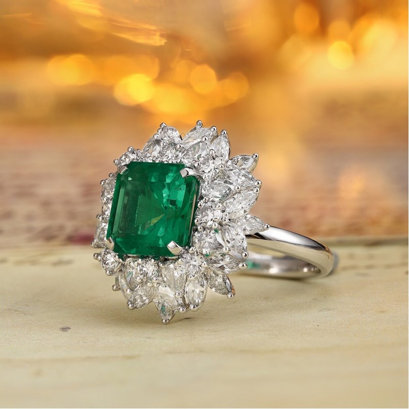 Ruif Jewelry Classic Design PT950 Platinum Ring 3.71ct Lab Grown Emerald and 2.64ct Lab Grown Diamond Ring Gemstone Jewelry