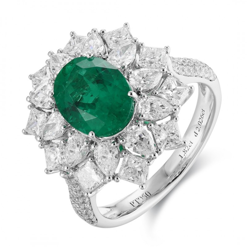 Ruif Jewelry Classic Design PT950 Platinum Ring 1.82ct Lab Grown Emerald and 2.026ct Lab Grown Diamond Ring Gemstone Jewelry