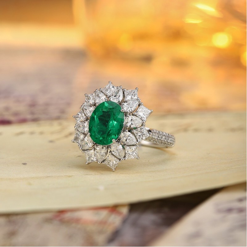Ruif Jewelry Classic Design PT950 Platinum Ring 1.82ct Lab Grown Emerald and 2.026ct Lab Grown Diamond Ring Gemstone Jewelry