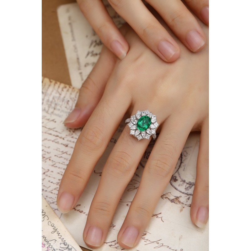 Ruif Jewelry Classic Design PT950 Platinum Ring 1.82ct Lab Grown Emerald and 2.026ct Lab Grown Diamond Ring Gemstone Jewelry