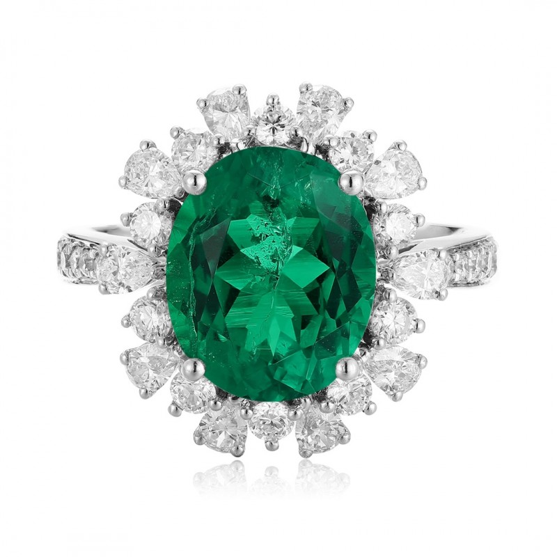 Ruif Jewelry Classic Design PT950 Platinum Ring 3.2ct Lab Grown Emerald and 0.99ct Lab Grown Diamond Ring Gemstone Jewelry