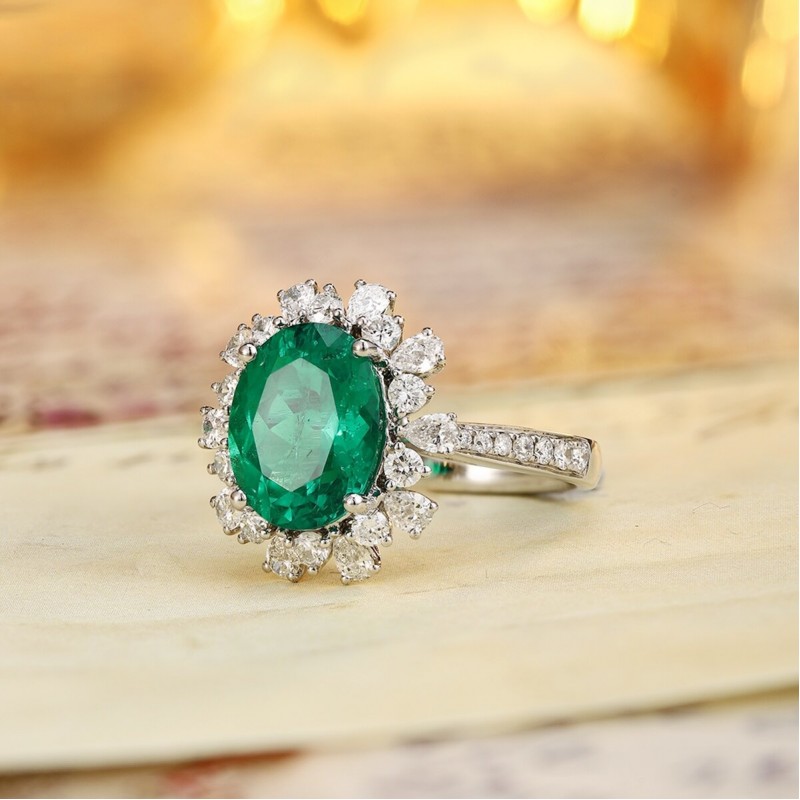Ruif Jewelry Classic Design PT950 Platinum Ring 3.2ct Lab Grown Emerald and 0.99ct Lab Grown Diamond Ring Gemstone Jewelry