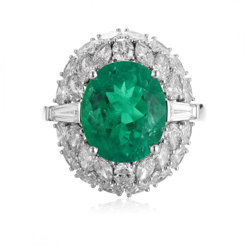 Ruif Jewelry Classic Design PT950 Platinum Ring 4.68ct Lab Grown Emerald and 1.943ct Lab Grown Diamond Ring Gemstone Jewelry