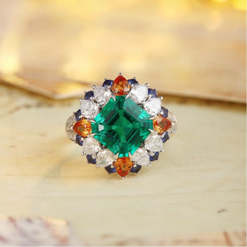 Ruif Jewelry Classic Design PT950 Platinum Ring 3.31ct Lab Grown Emerald and 2.972ct Lab Grown Diamond Ring Gemstone Jewelry