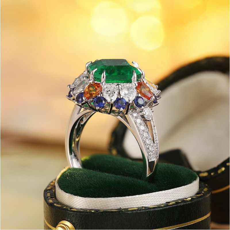 Ruif Jewelry Classic Design PT950 Platinum Ring 3.31ct Lab Grown Emerald and 2.972ct Lab Grown Diamond Ring Gemstone Jewelry