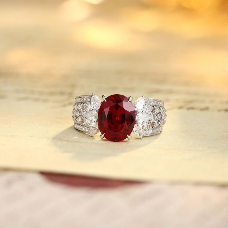 Ruif Jewelry Classic Design PT950 Platinum 3.92ct Lab Grown Ruby And 0.76ct Lab Grown Diamond Ring Wedding Bands