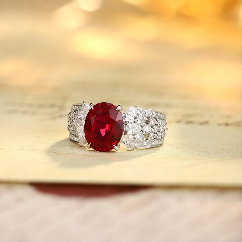 Ruif Jewelry Classic Design PT950 Platinum 3.92ct Lab Grown Ruby And 0.76ct Lab Grown Diamond Ring Wedding Bands