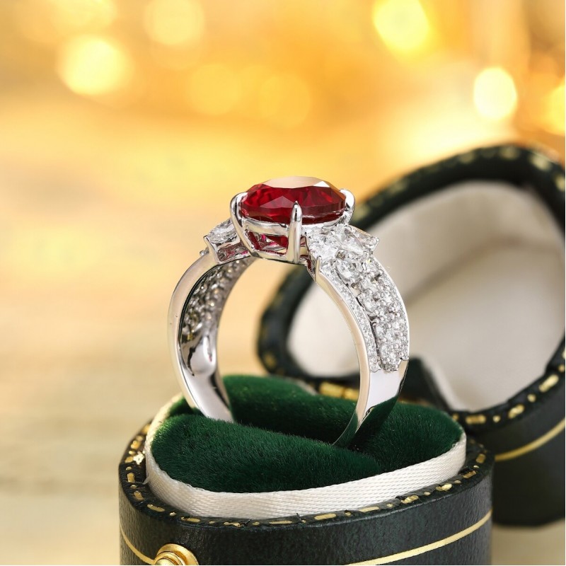 Ruif Jewelry Classic Design PT950 Platinum 3.92ct Lab Grown Ruby And 0.76ct Lab Grown Diamond Ring Wedding Bands
