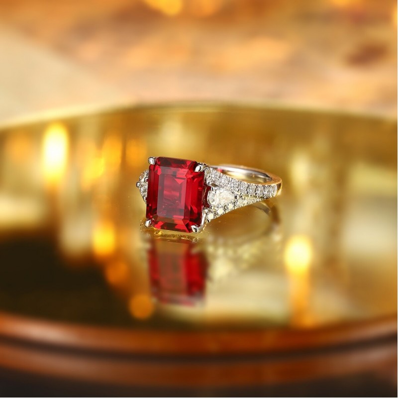 Ruif Jewelry Classic Design PT950 Platinum 4.53ct Lab Grown Ruby And 0.518ct Lab Grown Diamond Ring Wedding Bands