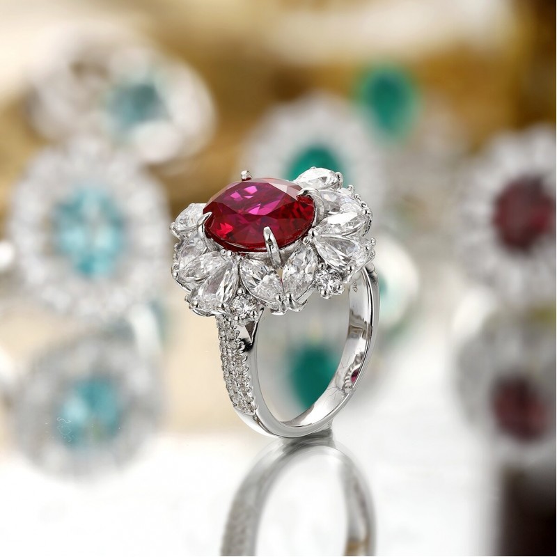 Ruif Jewelry Classic Design PT950 Platinum 5.225ct Lab Grown Ruby And 3.289ct Lab Grown Diamond Ring Wedding Bands