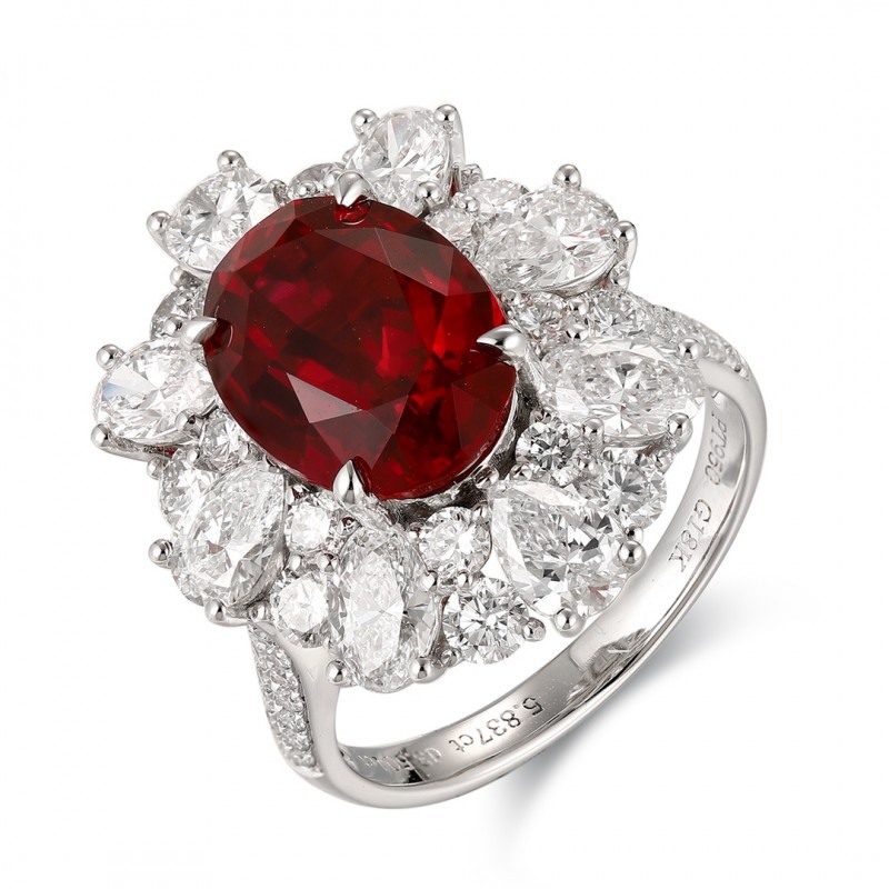 Ruif Jewelry Classic Design PT950 Platinum 5.84ct Lab Grown Ruby And 3.504ct Lab Grown Diamond Ring Wedding Bands