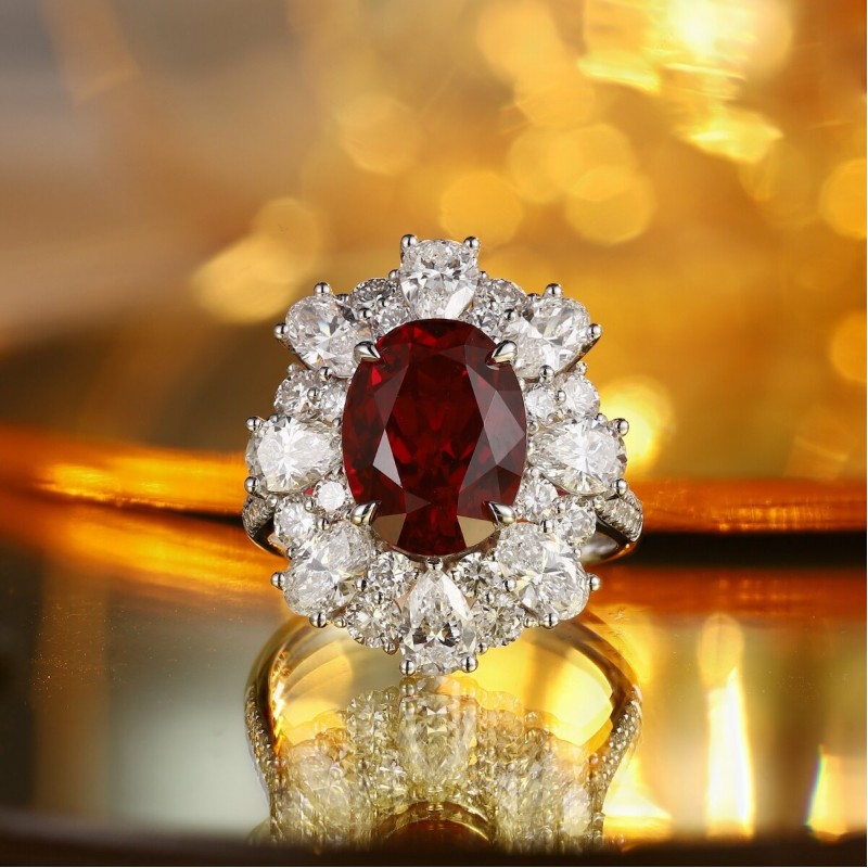 Ruif Jewelry Classic Design PT950 Platinum 5.84ct Lab Grown Ruby And 3.504ct Lab Grown Diamond Ring Wedding Bands