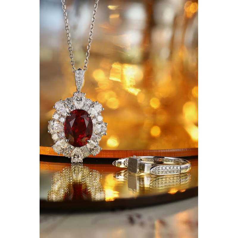 Ruif Jewelry Classic Design PT950 Platinum 5.84ct Lab Grown Ruby And 3.504ct Lab Grown Diamond Ring Wedding Bands