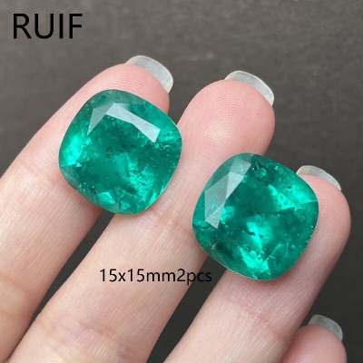 Ruif Jewelry Top Quality 15x15mm2pcs Cushion Cut Lab Grown Emeralds Columbia Color Loose Gemstone for Diy Jewelry Making