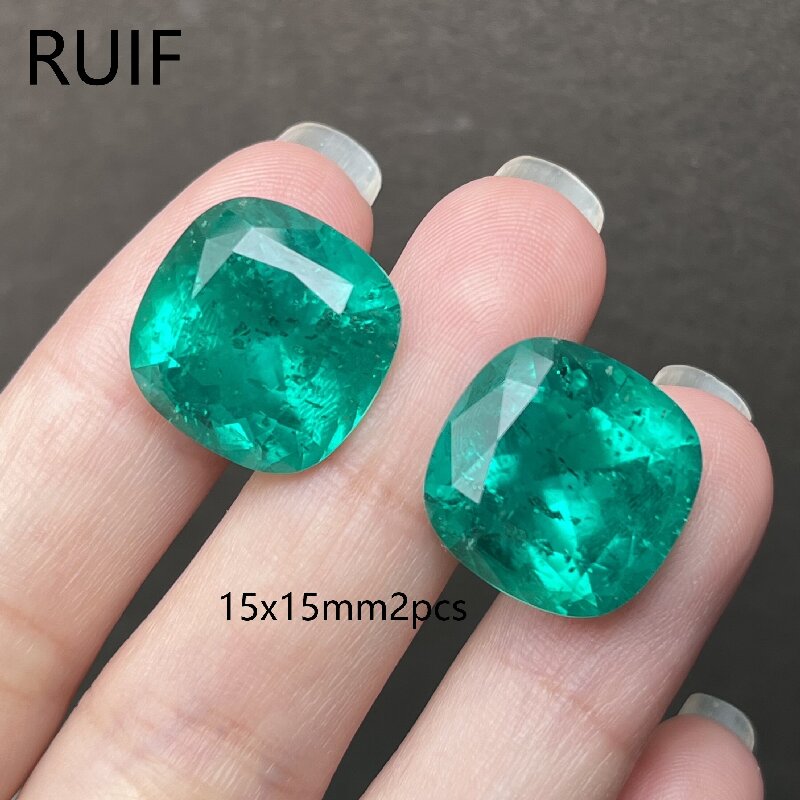 Ruif Jewelry Top Quality 15x15mm2pcs Cushion Cut Lab Grown Emeralds Columbia Color Loose Gemstone for Diy Jewelry Making