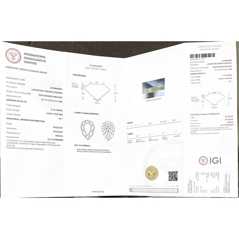 Ruif Jewelry Pear Shap 5.14CT Red Lab Grown Diamond with IGI certificate LG728565804