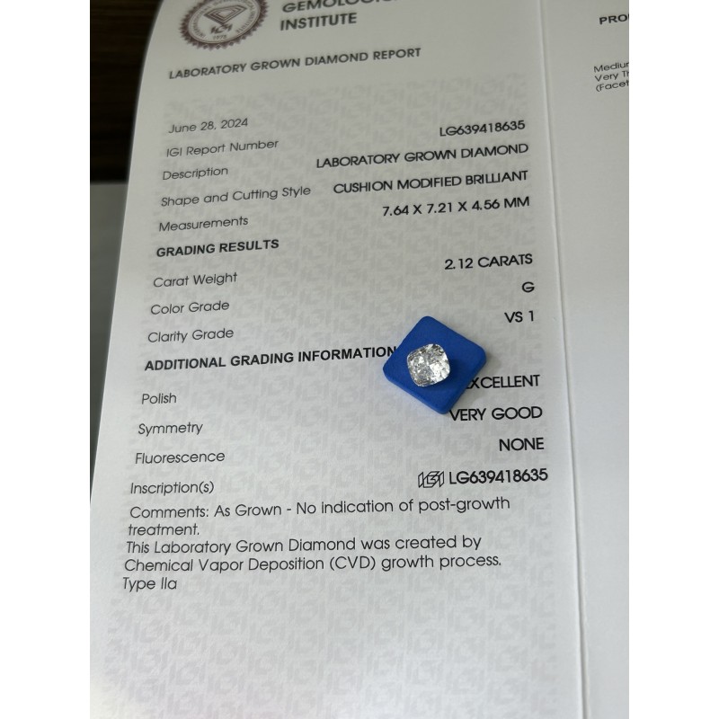 Ruif Jewelry 2.12ct Cushion Cut G VS1 Lab Grown Diamond with IGI certificate LG639418635