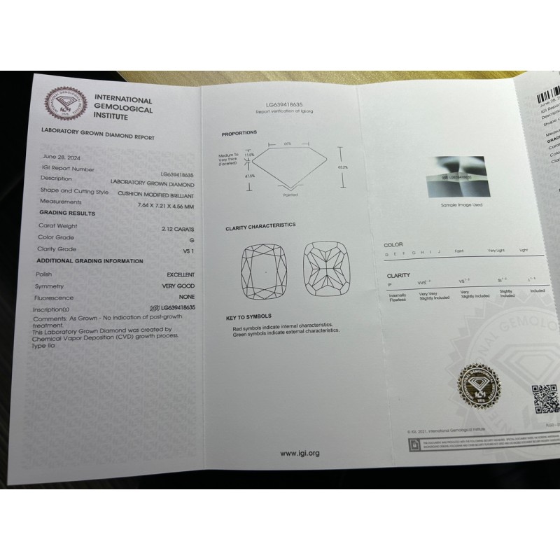 Ruif Jewelry 2.12ct Cushion Cut G VS1 Lab Grown Diamond with IGI certificate LG639418635